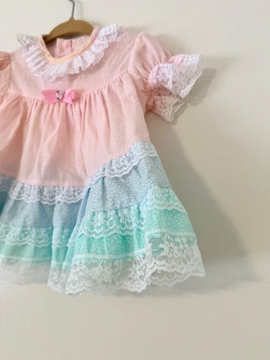 Vintage Baby Girl 6-9m Dress &Bloomer Set Roanna Pink Blue Ditzy Floral Lace 80s - Picture 3 of 14